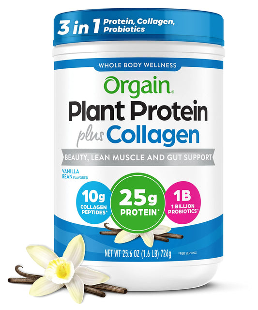 Orgain frasco frontal Vainilla Bean mostrando etiqueta clara y beneficios