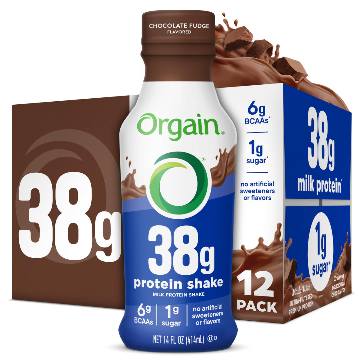 Orgain frente del empaque mostrando botella y beneficios proteicos