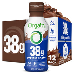Orgain frente del empaque mostrando botella y beneficios proteicos