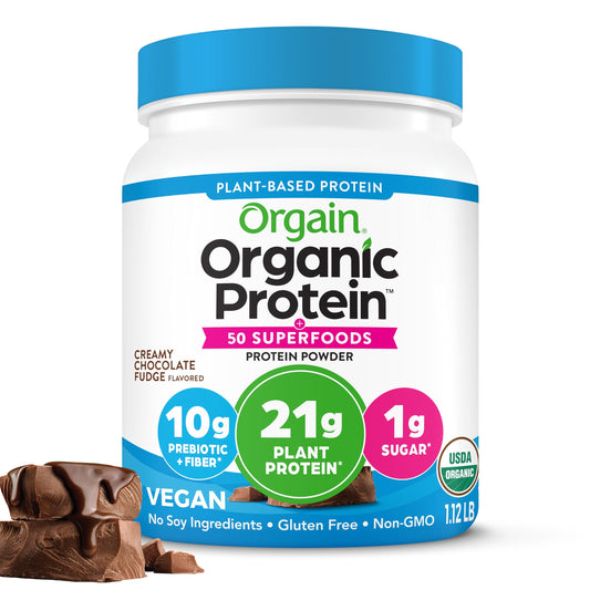 Orgain envase frontal sabor chocolate mostrando marca y beneficio nutritivo