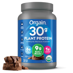Orgain envase frontal de chocolate mostrando información nutricional y beneficio proteico