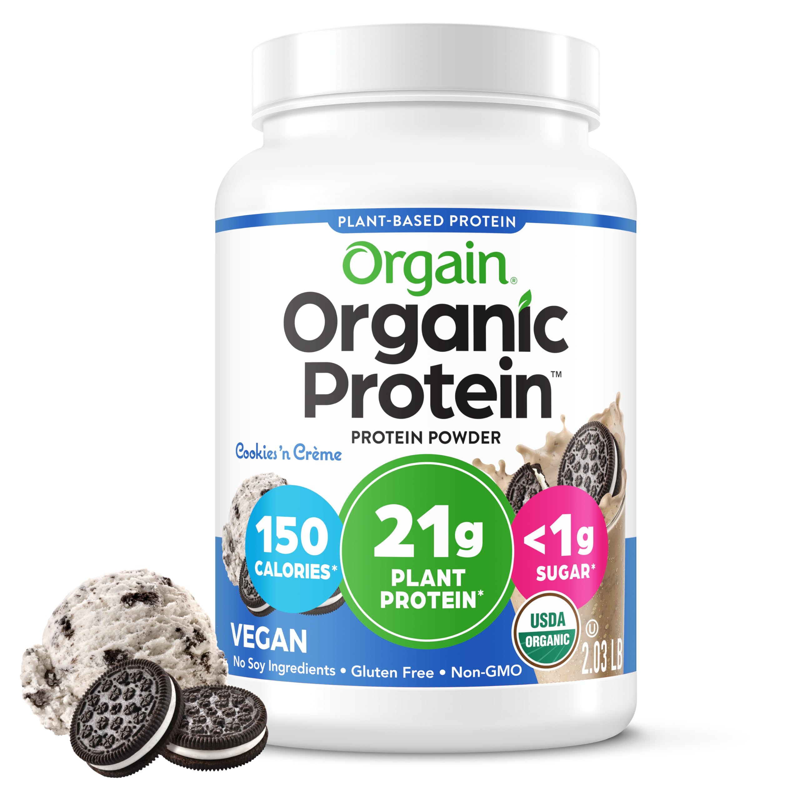 Orgain envase frontal Cookies & Cream que muestra la marca y conveniencia