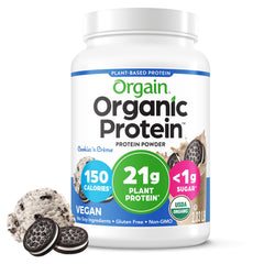 Orgain envase frontal Cookies & Cream que muestra la marca y conveniencia
