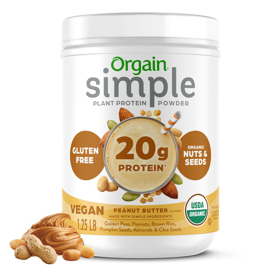 Orgain envase frontal sabor mantequilla de maní mostrando diseño y beneficios