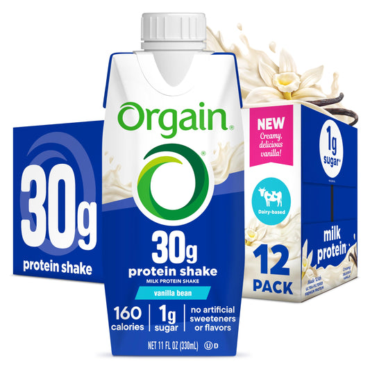 Orgain envase frontal sabor Vainilla pack 12, práctico y nutritivo
