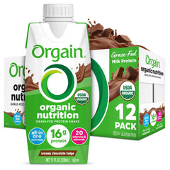 Orgain frente del pack de 12 batidos mostrando diseño y conveniencia