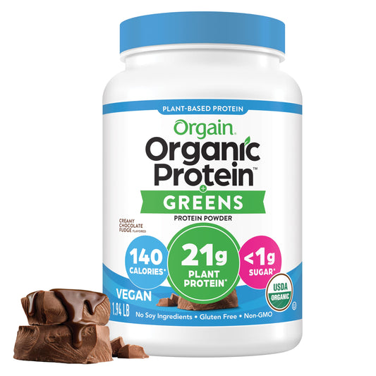 Orgain envase frontal Creamy Chocolate Fudge mostrando diseño y beneficio proteico