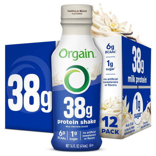 Orgain envase frontal sabor Vainilla mostrando diseño y beneficio proteína alta