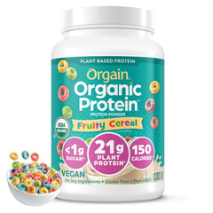 Envase Orgain Fruity Cereal mostrando diseño y beneficio de proteína clara