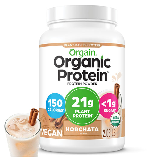 Orgain envase frontal mostrando sabor Horchata y beneficios nutricionales