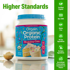 Orgain ingredientes mezclados con guisante, arroz y semillas, nutrición visible
