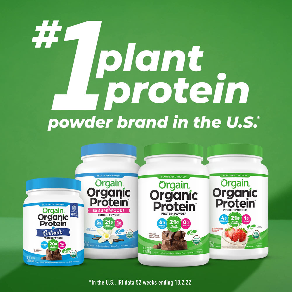 Orgain ingredientes dispuestos: kale, manzana y hongos, demostrando origen vegetal y orgánico
