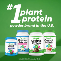 Orgain ingredientes dispuestos: kale, manzana y hongos, demostrando origen vegetal y orgánico