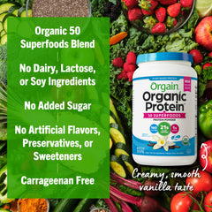 Orgain mezcla de superfoods orgánicos en cuchara, nutrientes visibles