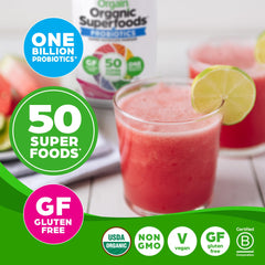 Orgain polvo mezclado en batido berry listo para beber, aporta fibra y probióticos