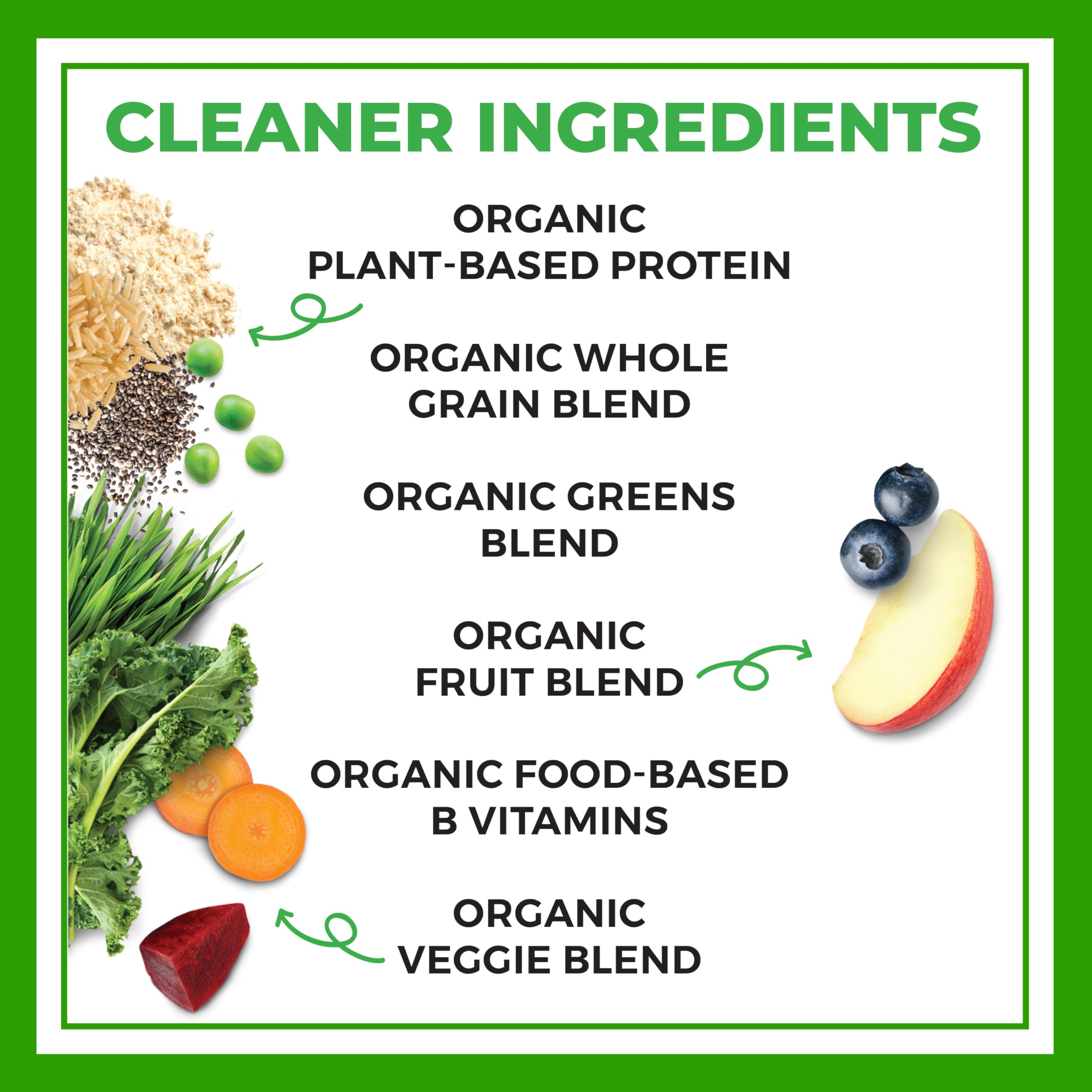 Orgain etiqueta de ingredientes enfocada en certificación orgánica y beneficios