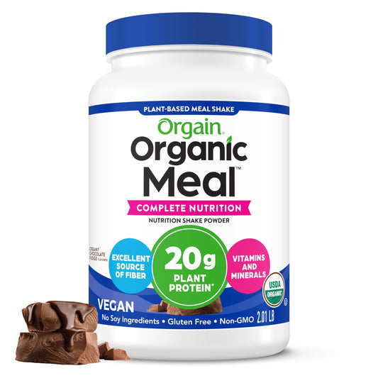 Orgain botella frontal Chocolate Fudge con etiqueta visible y conveniencia