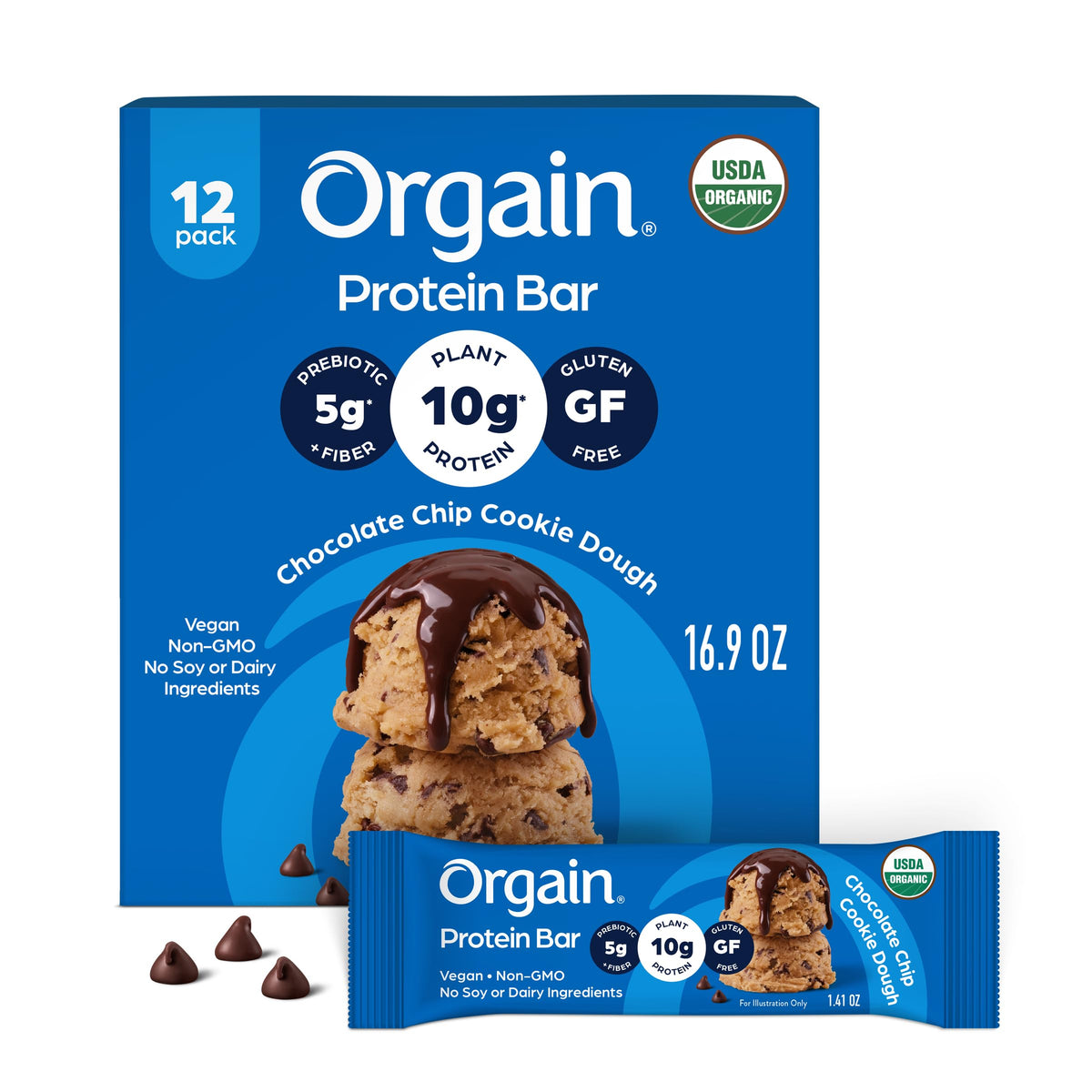 Orgain empaque frontal del pack de 12 barras muestra identidad y beneficios