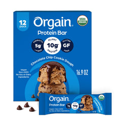 Orgain empaque frontal del pack de 12 barras muestra identidad y beneficios