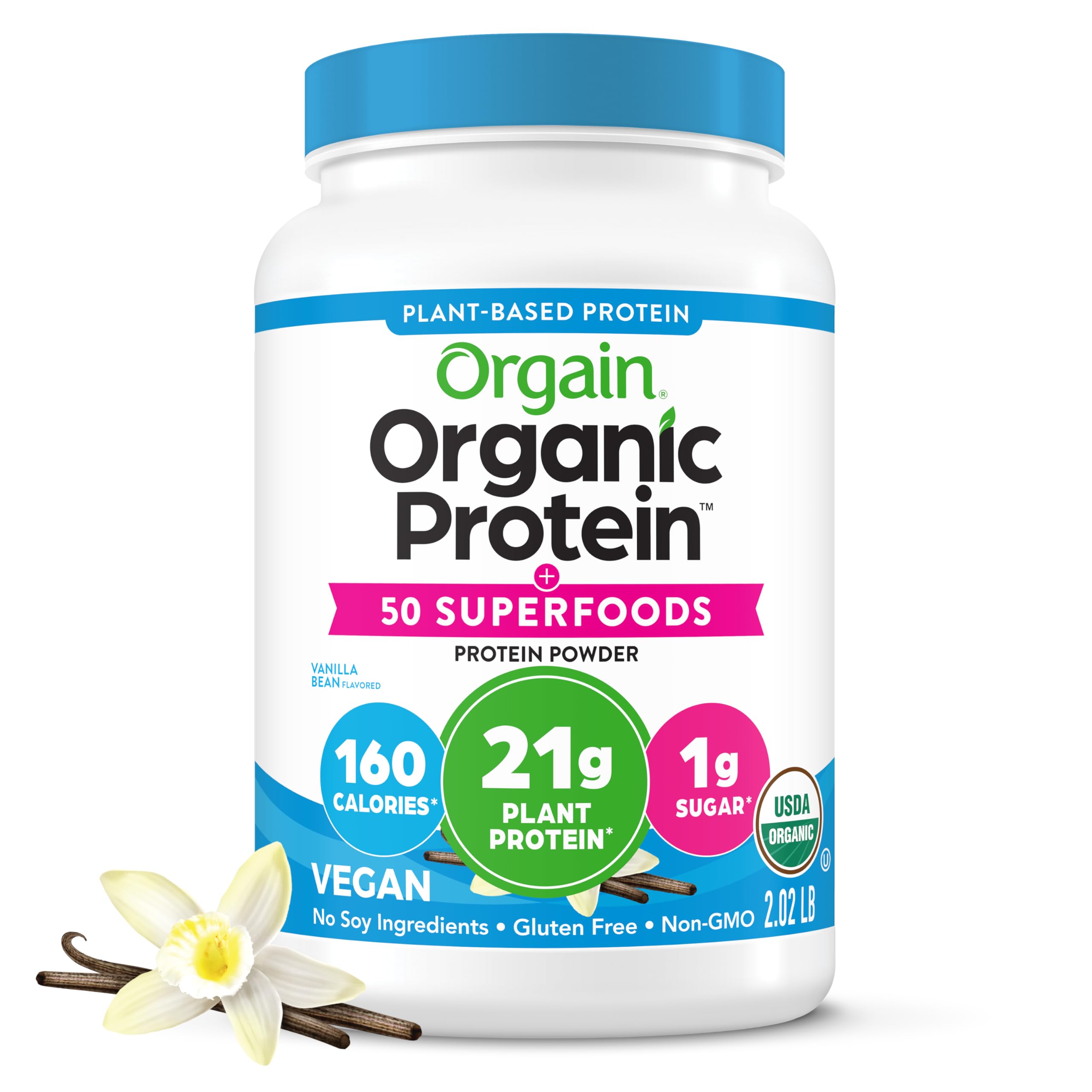 Orgain polvo empacado al frente mostrando la lata y beneficios