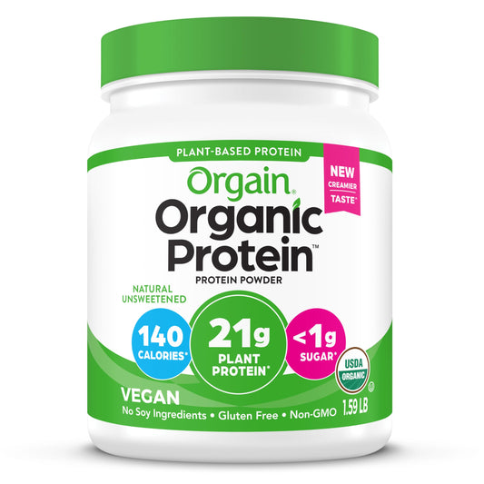 Orgain envase frontal mostrando el polvo sin sabor y beneficios orgánicos