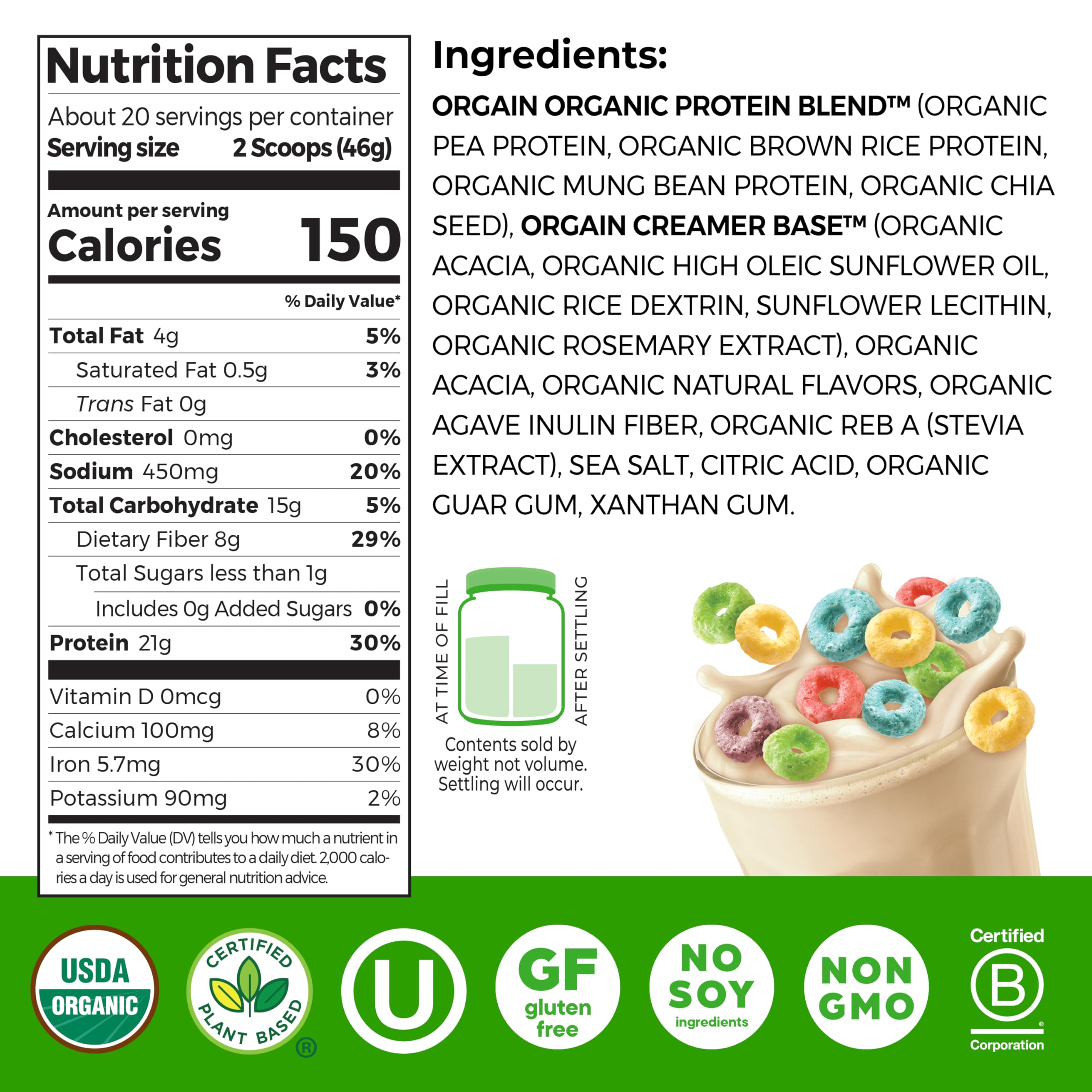Textura del polvo Orgain Fruity Cereal que evidencia mezcla cremosa y sin grumos