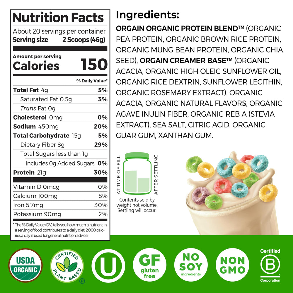 Textura del polvo Orgain Fruity Cereal que evidencia mezcla cremosa y sin grumos