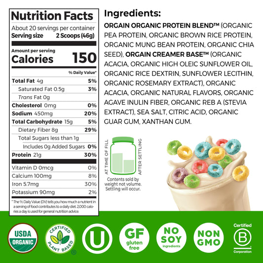 Textura del polvo Orgain Fruity Cereal que evidencia mezcla cremosa y sin grumos