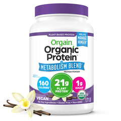 Orgain envase frontal vainilla mostrando etiqueta y beneficio nutricional