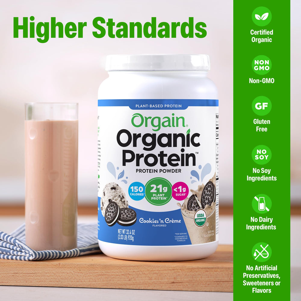 Orgain cucharón con porción que facilita medir 21 g de proteína