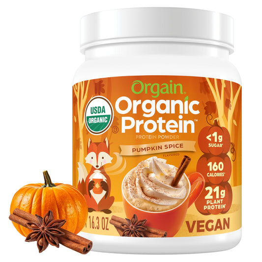 Orgain envase frontal Pumpkin Spice mostrando diseño y proteína