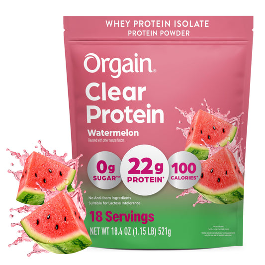 Orgain empaque frontal Sandía mostrando porciones y beneficios