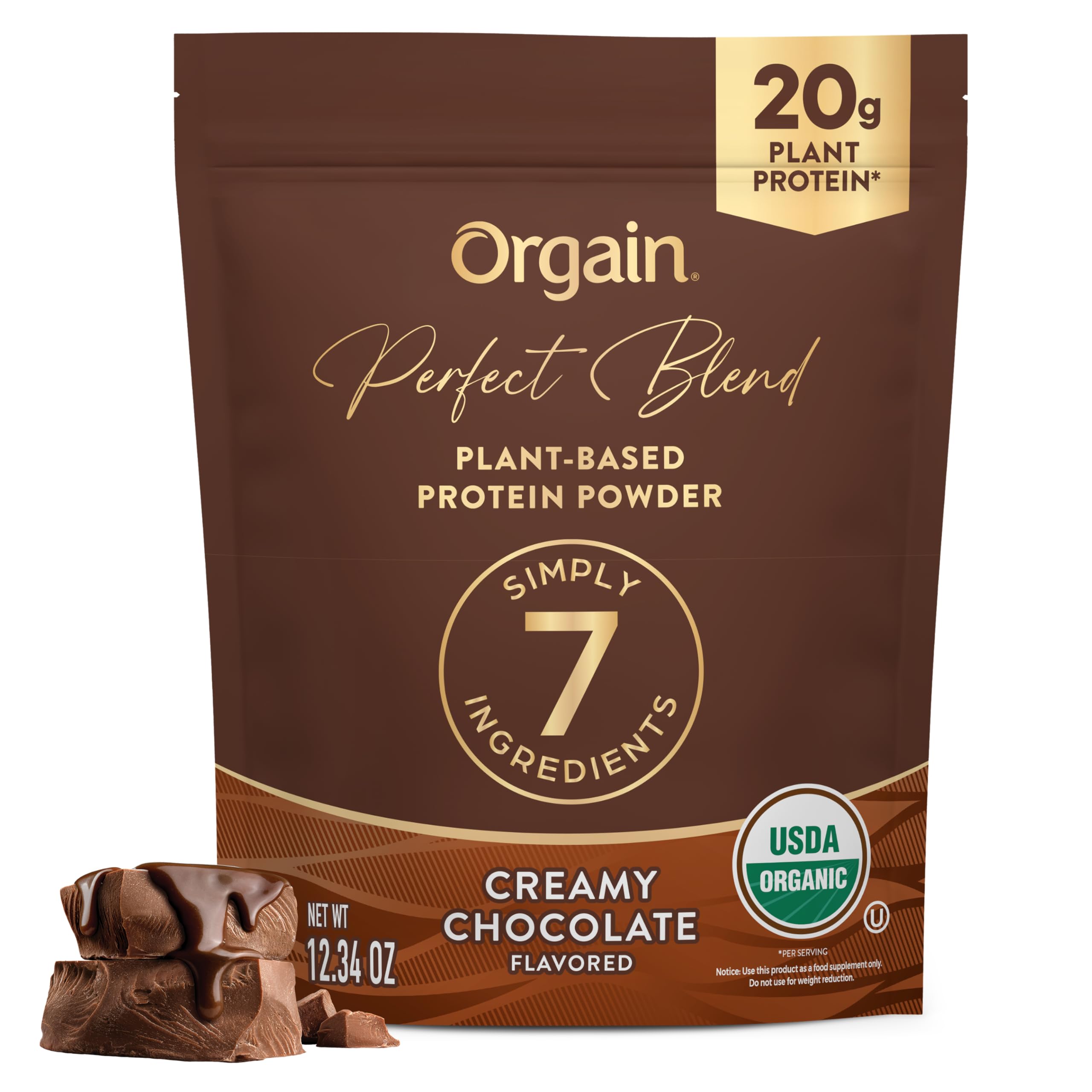Orgain tarro frontal chocolate mostrando diseño y tamaño útil