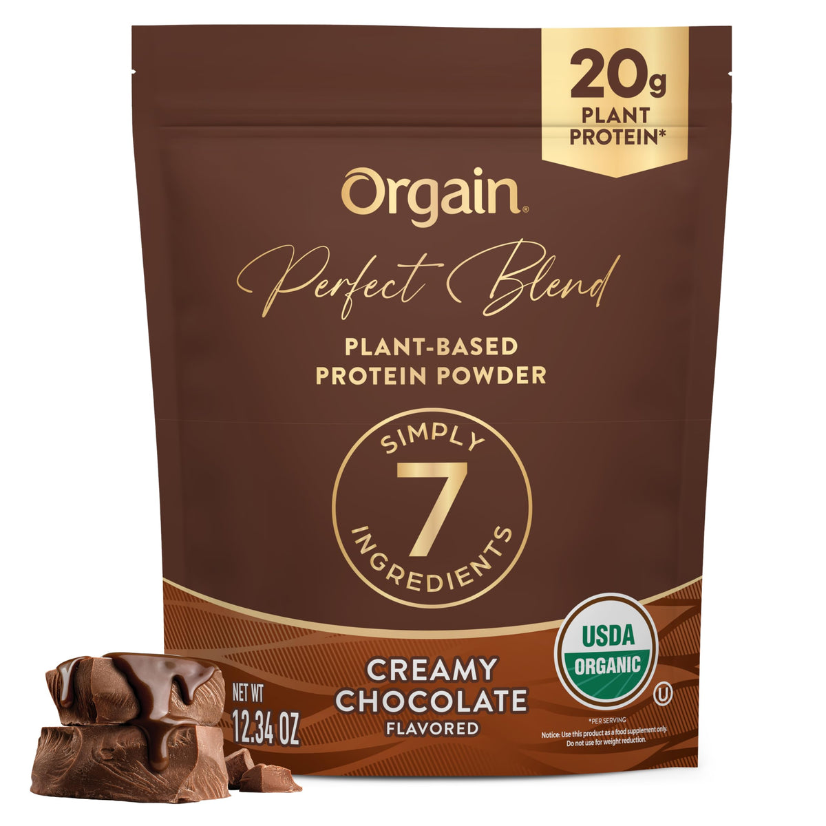 Orgain tarro frontal chocolate mostrando diseño y tamaño útil