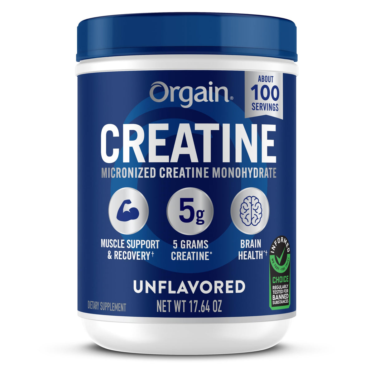 Envase frontal Orgain con creatina micronizada, muestra el producto y marca