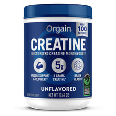 Envase frontal Orgain con creatina micronizada, muestra el producto y marca