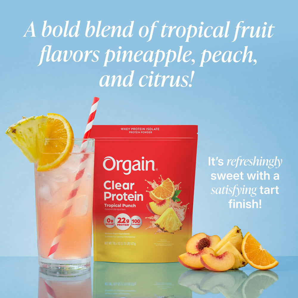 Orgain vaso servido Tropical Punch listo para beber, hidratación proteica instantánea