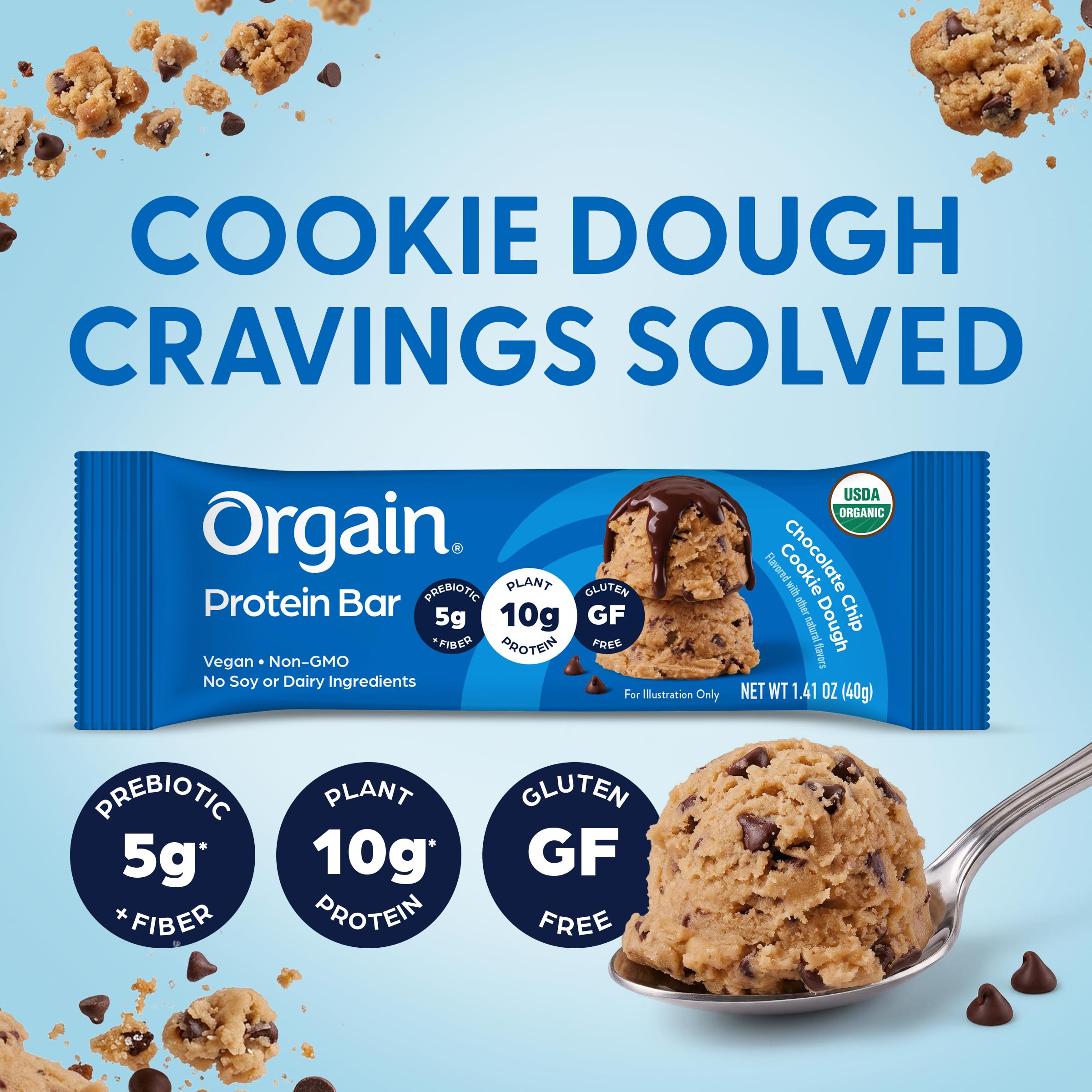 Orgain acercamiento a trozos de chocolate que intensifican el sabor cookie dough