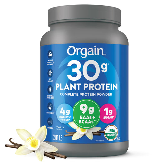 Orgain tubo frontal de vainilla mostrando la marca y aporte de 30 g de proteína