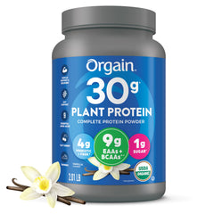 Orgain tubo frontal de vainilla mostrando la marca y aporte de 30 g de proteína