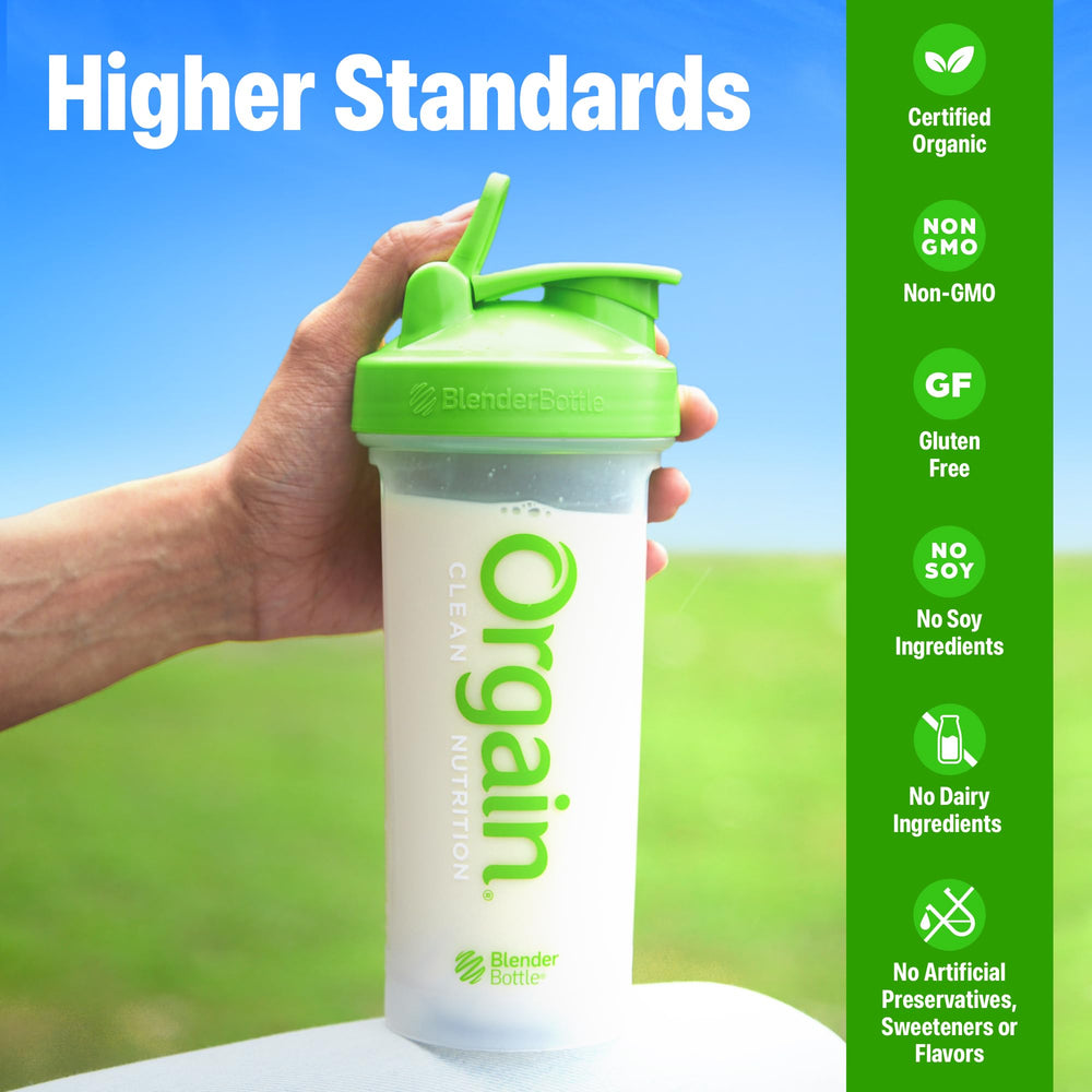 Vaso con batido Orgain Vainilla listo para beber, energía rápida y sabrosa