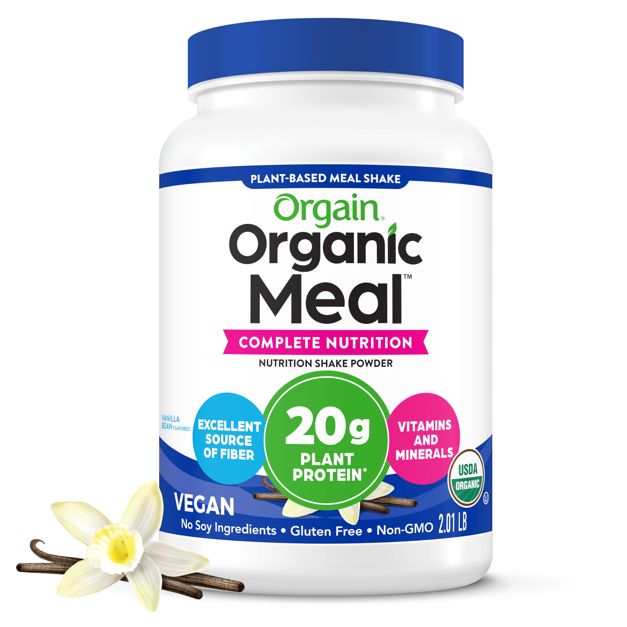 Orgain envase frontal Vainilla Bean mostrando diseño y facilidad de uso