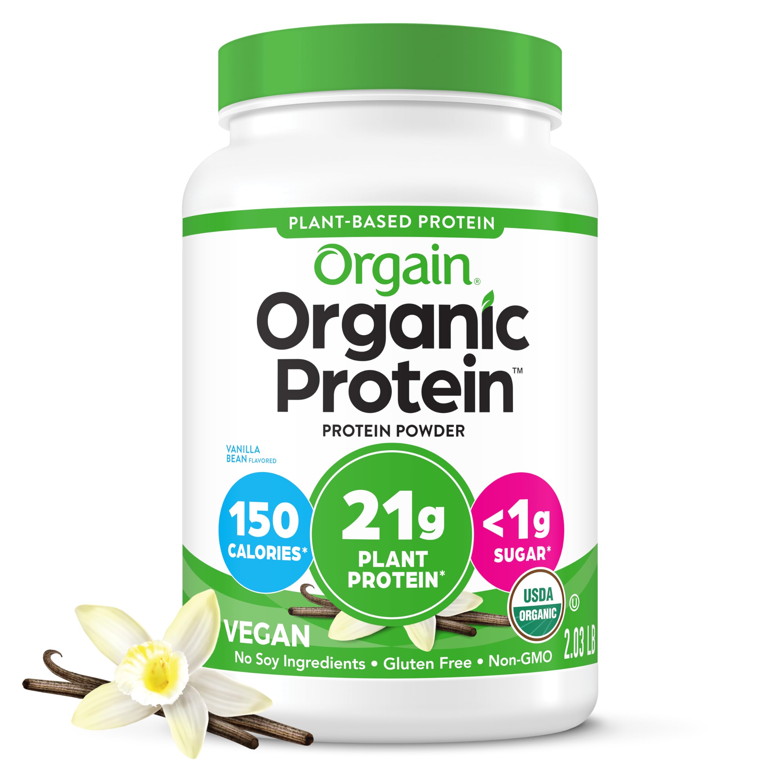 Orgain envase frontal mostrando sabor Vainilla Bean y beneficios orgánicos