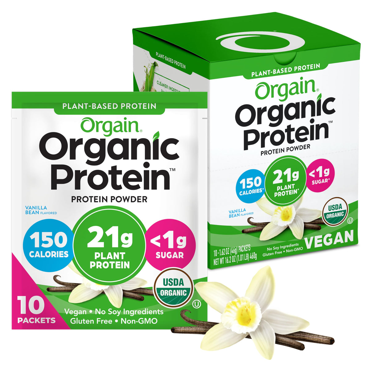 Orgain sachet Vainilla Bean en empaque frontal mostrando diseño y conveniencia