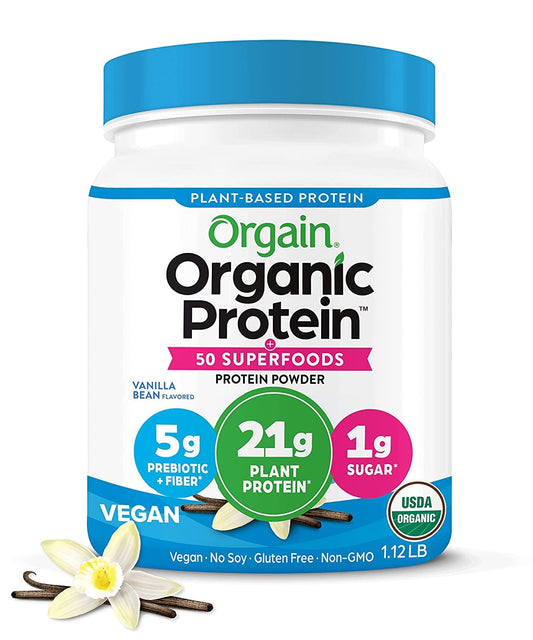 Envase frontal Orgain Vainilla Bean mostrando etiqueta orgánica y beneficios claros