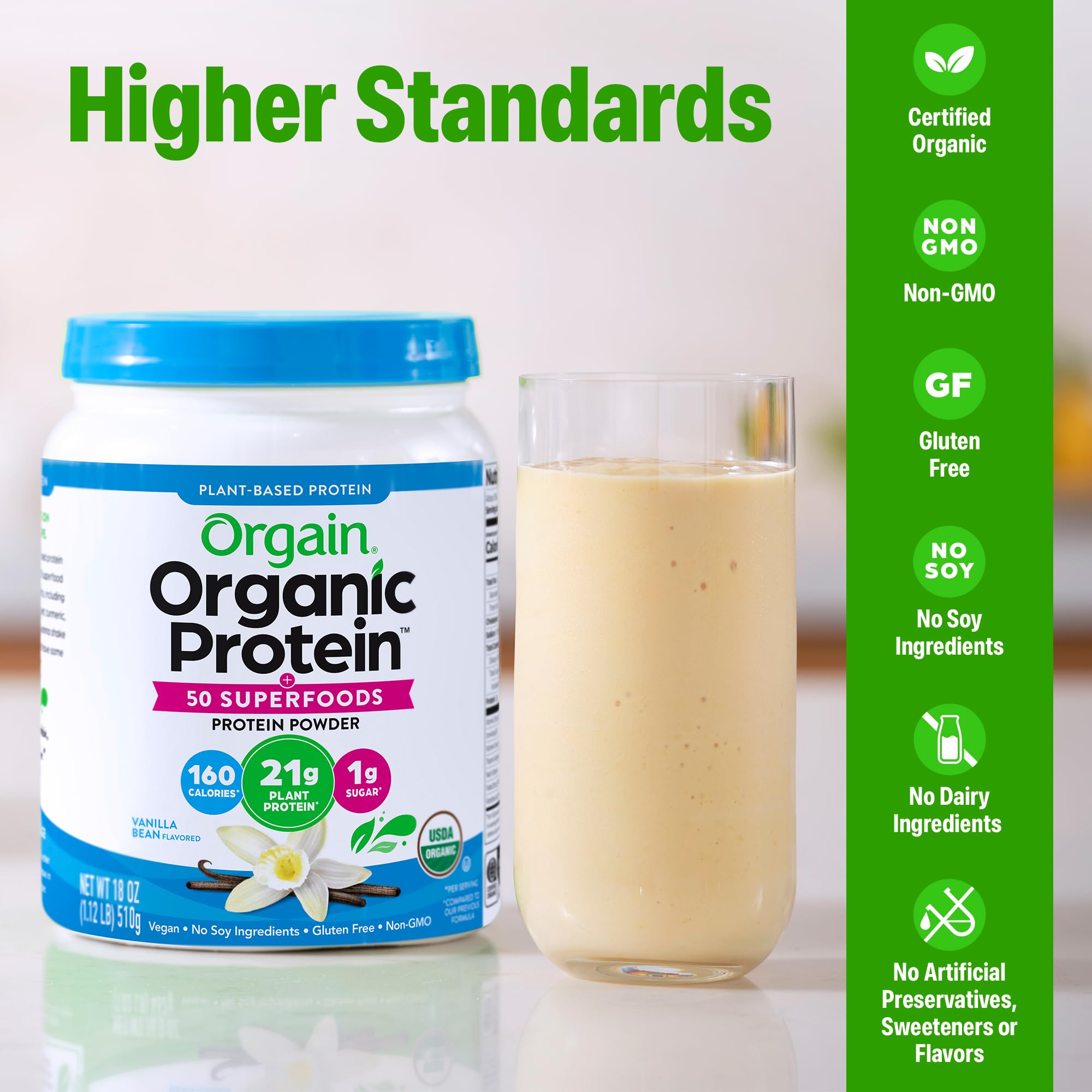 Vaso con batido orgánico Orgain vainilla listo para beber, aporta energía rápida