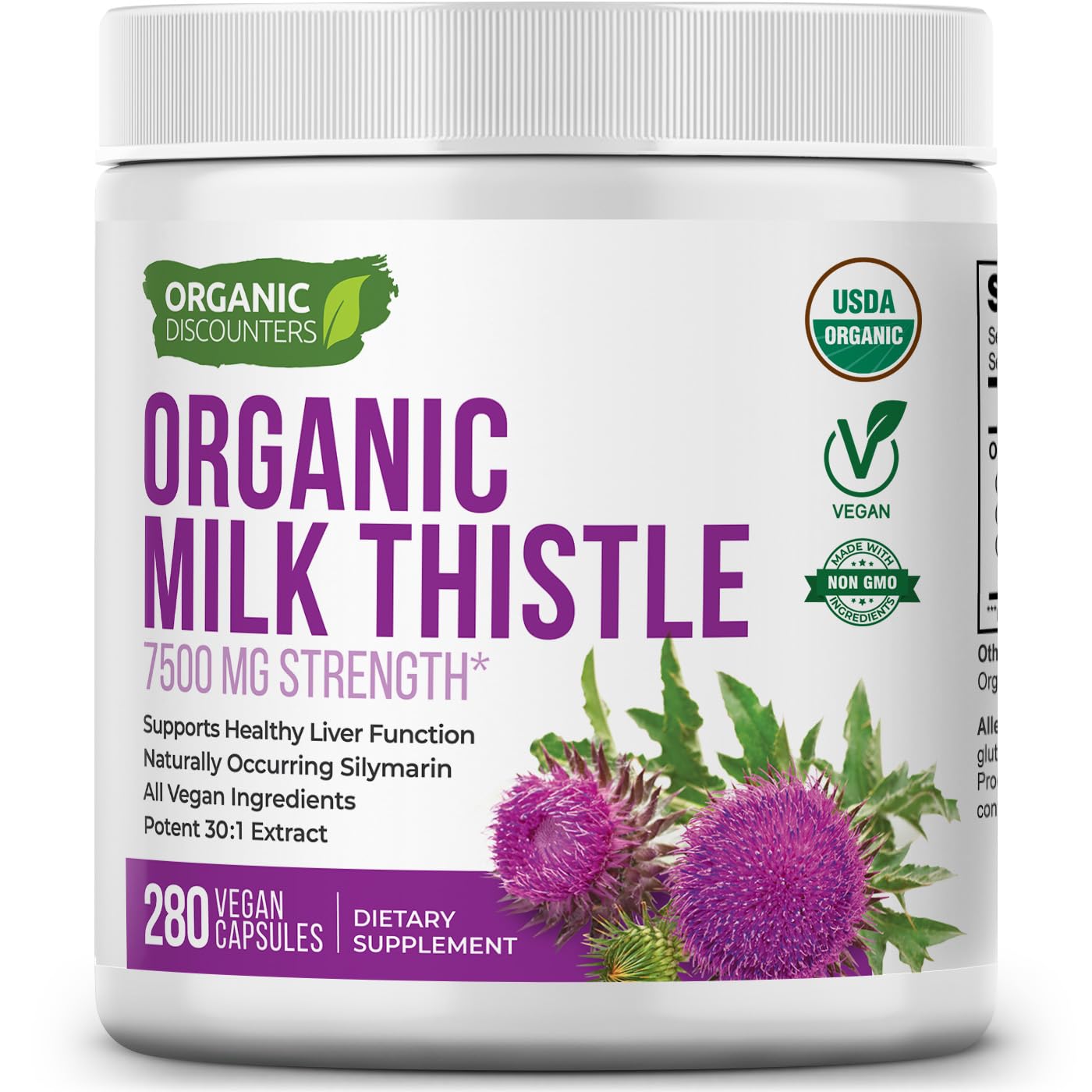 Organic Discounters envase frontal que destaca 280 cápsulas y extracto 30:1, aporta ahorro
