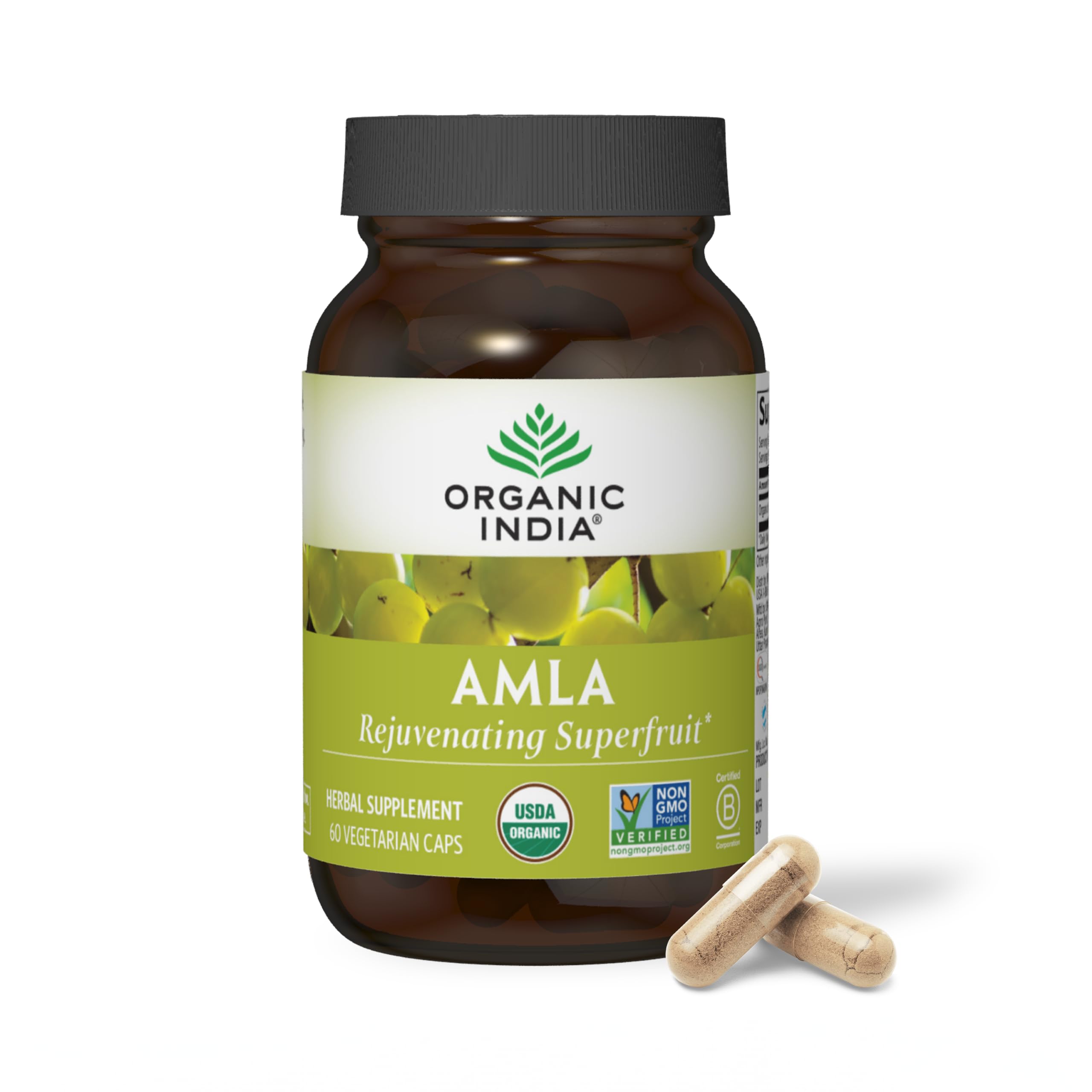 ORGANIC INDIA frasco frontal con cápsulas mostrando diseño y claridad del producto