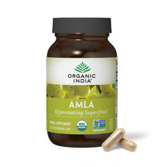 ORGANIC INDIA frasco frontal con cápsulas mostrando diseño y claridad del producto