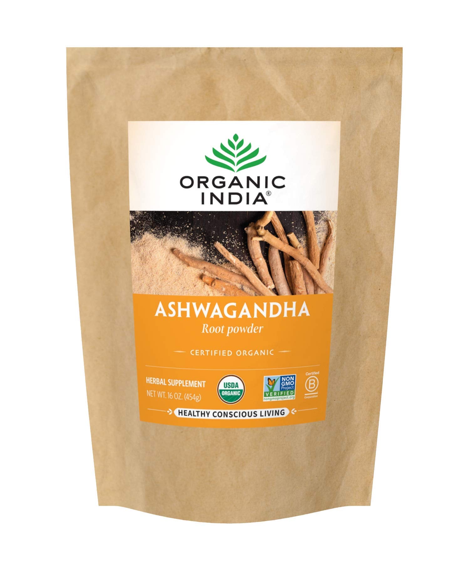 ORGANIC INDIA empaque frontal que muestra bolsa de 1 lb y etiqueta clara
